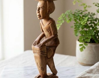 Hand-Carved Wooden Drummer Statue Folk Art Musician