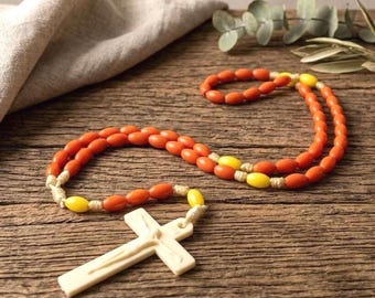 Vintage 1970s OLRM Mission Rosary – Tangerine Yellow Beads, Marked 29