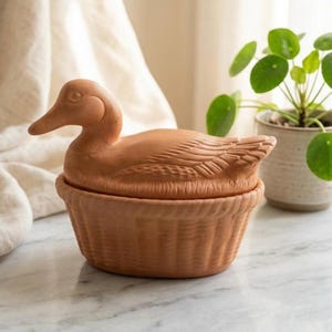 May include: A terracotta lidded container shaped like a duck resting on a basket-weave base. The duck figure features detailed molded feathers and a smooth head, while the base has a textured, vertical ribbed pattern in a warm, earthy clay tone.
