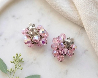1950s Pink Aurora Borealis Crystal Cluster Earrings – MCM Clip-Ons, Bridal Jewelry