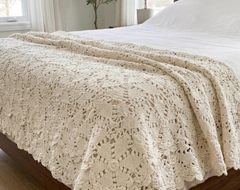 Authentic Vintage Hand Crocheted Lace Bedspread | Ivory Popcorn Medallion Cotton Queen 92x82