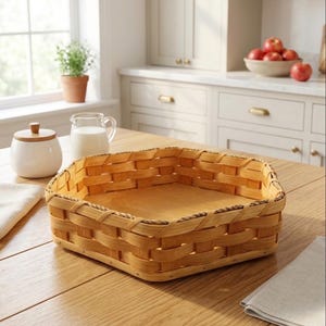 May include: A square, light brown woven basket with a wooden base sits on a wooden table. The basket has a braided rim and is empty. A white sugar bowl with a wooden lid and a glass pitcher of milk are also on the table.