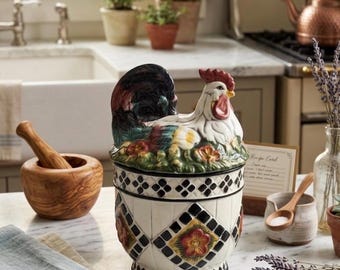 Vintage 1998 CBK Rooster Canister with Checkered Mosaic Base and Floral Lid