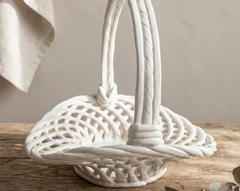 Vintage Handwoven White Ceramic Lattice Basket