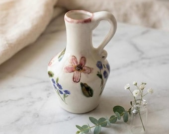 Hand Painted Stoneware Floral Bud Vase Gold Accents
