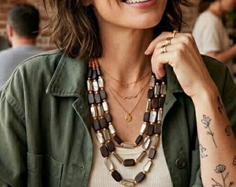Chunky Wood and Mother of Pearl Layered Statement Necklace