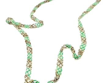 Mint Green Silver Beaded Lattice Necklace | Woven Seed Bead Lariat | Boho Layering Jewelry