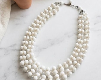 Vintage Milk Glass Multi-Strand Necklace 1950s White Bead Adjustable Bib