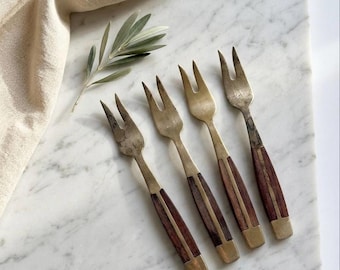 Vintage Brass Rosewood Cocktail Forks – Mid Century Modern Appetizer Set