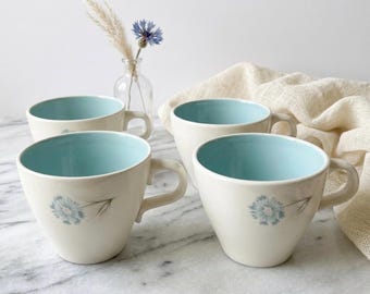 Set of 4 MCM Teacups – Atomic Turquoise Blue Cornflower Design