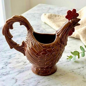 Vintage McCoy Pottery Large Rooster Pitcher #202 Brown Glaze Farmhouse Decor