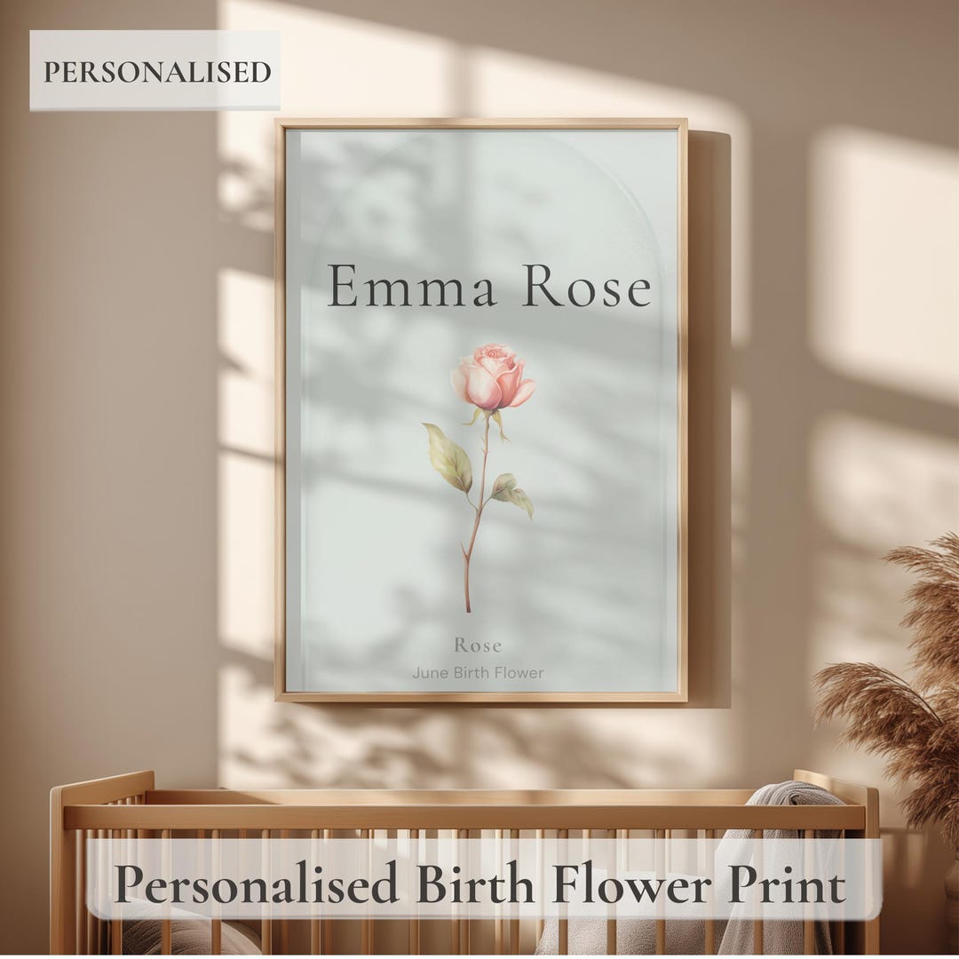 Personalised Birth Flower Nursery Print, Custom Baby Name Wall Art ...