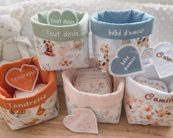 Cadeau naissance personnalisé bébé – Coffret lingettes lavables avec panier – Prénom brodé – Idée cadeau naissance – Fait main