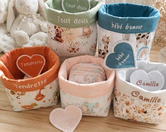 Coffret naissance personnalisé bébé – Panier lingettes lavables prénom brodé – Cadeau bébé fait main