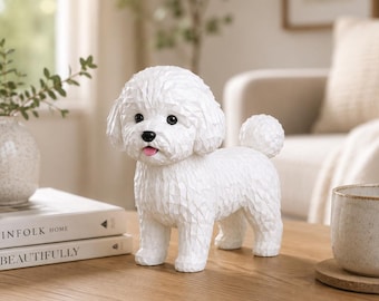 Bichon Frise Low Poly Sculpture, 3D Printed Dog Figurine, Modern Pet Decor