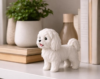 Maltese Dog Low Poly Sculpture | 3D Printed Geometric Pet Figurine (White PLA)