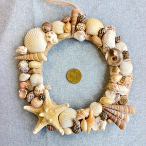 May include: A circular wreath constructed from a variety of natural seashells and a single starfish, featuring a tan twine base and a hanging loop. A gold-coloured coin is positioned in the centre of the wreath for scale, measuring 2.5 cm in diameter.
