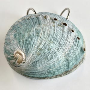 May include: An iridescent abalone shell featuring a textured, rippled surface with shades of blue, green, and white. The shell has a row of small, circular holes along the curved edge and two silver-toned metal rings attached to the top rim.