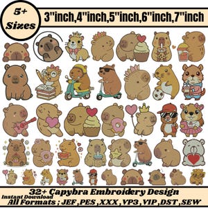 Può includere: Una collezione di 32+ disegni di ricamo di capibara in varie dimensioni, da 7,6 cm a 17,8 cm. I disegni presentano capibara in diverse pose e con vari accessori. L'immagine include il testo "Download istantaneo" e "Tutti i formati".