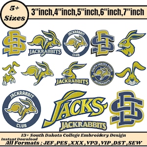 Puede incluir: Colección de diseños de bordado de la Universidad de Dakota del Sur con la mascota Jackrabbit en varias poses y estilos. Los diseños incluyen el texto "Jacks" y "Jackrabbits". Tamaños disponibles: 7.6 cm, 10.2 cm, 12.7 cm, 15.2 cm y 17.8 cm.