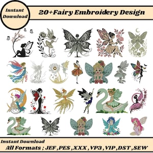 May include: A digital download graphic featuring over 20 fairy embroidery designs. The designs include fairies with butterfly wings, floral accents, and various poses. The image includes the text "Instant Download" and "All Formats".