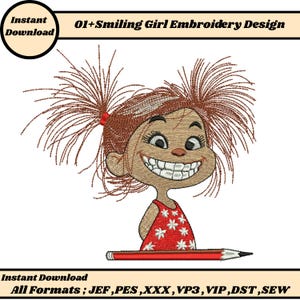 Smiling Girl machine Embroidery Design Cute Cartoon Girl with Pencil Embroidery Funny Girl Embroidery Fun Kids Character Pattern PesDownload