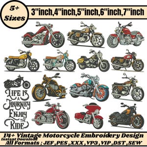 Vintage Motorcycle Machine Embroidery Designs Featuring Classic Retro Biker Style Old School Café Racer Vibes Emb Pes Files 5+Sizes Download