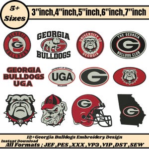 May include: A collection of Georgia Bulldogs embroidery designs in various sizes, including 3, 4, 5, 6, and 7 inches. Designs feature the team logo, bulldog mascot, and team name. The designs are available in multiple formats.