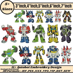 Pode incluir: Uma coleção de designs de bordado Autobot coloridos em vários tamanhos, de 7.6 cm a 17.8 cm. A imagem apresenta vários personagens robóticos em vermelho, azul, verde e amarelo. O texto indica que os designs estão disponíveis em vários formatos.