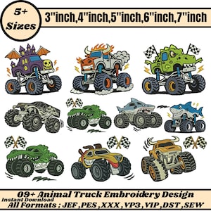Könnte beinhalten: Ein Stickmuster mit verschiedenen Monster-Truck-Designs mit Tiermotiven, darunter ein Hai, ein Dinosaurier und ein Bulle. Das Design umfasst Größen von 7,6 bis 17,8 cm. Der Text lautet "09+ Animal Truck Embroidery Design" und "Instant Download".