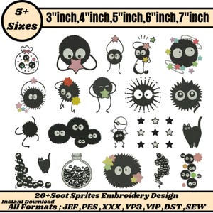 May include: A collection of embroidery designs featuring various Soot Sprite characters in black, with star accents. The designs include different sizes, ranging from 3 to 7 inches. The text reads "20+ Soot Sprites Embroidery Design".