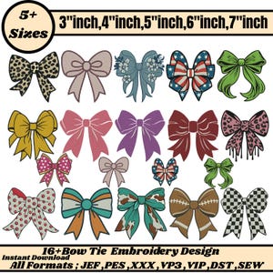 Könnte beinhalten: Eine Sammlung von Schleifenstickerei-Designs in verschiedenen Farben und Mustern, darunter Tierdrucke, Blumenmuster und patriotische Themen. Größen von 7,6 bis 17,8 cm. Der Text "16+ Bow Tie Embroidery Design" ist im Bild enthalten.