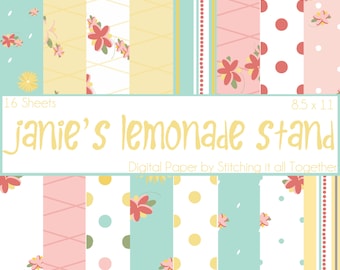 Janie's Lemonade Stand Digital Paper Pack - 16 Digital Sheets