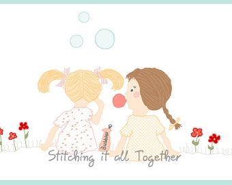 Blowing Bubbles - Little Girls - Digital Illustration - Unique Clipart