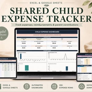 May include: A digital shared child expense tracker for Excel and Google Sheets displayed on a laptop and two tablets. The dashboard features charts, expense logs, and setup tabs with dark blue, peach, and white color schemes for tracking costs.