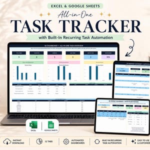 Könnte beinhalten: Eine digitale All-in-One-Aufgabenverfolgungsvorlage für Excel und Google Sheets, dargestellt auf einem Laptop und zwei Tablets. Die Bildschirme zeigen Dashboards mit Aufgabenübersichten, Monatskalendern und Wochenplänen mit Diagrammen und Tabellen.