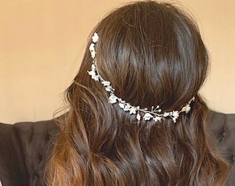 Copricapo da sposa, fascia da sposa in cristallo di perla, corona da sposa di fiori bianchi, copricapo da sposa, corona da sposa con vite di perla, cerchietto da sposa di perle