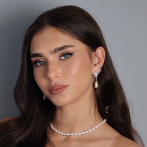 Victorian pearl earrings, Zirconia drop pearl earrings, Bridal teardrop pearl earrings, Bride earrings, Classic earrings, Wedding earrings