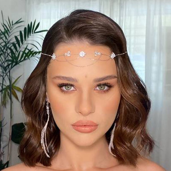 Bohemian bride Forehead jewelry, Bridal hair chain, silver head chain, Rhinestone forehead band, Bridal headband, Boho hair accessories
