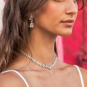 Crystal Necklace set Silver Wedding Jewelry for the Bride, choker leaves zirconia necklace, Bridal Necklace Set Bridal choker chain