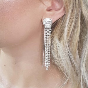 Long fringe Earrings, Fancy Earring, Rhinestone Tassel earrings Extra long earrings, Wedding Long Crystal Earrings, Silver zirconia earrings