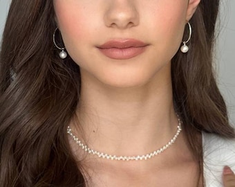 Halsband med sötvattenspärlor, pärlhalsband, fin pärlkedja, oregelbundet pärlhalsband, strandhalsband för kvinnor, bohemiskt brudhalsband