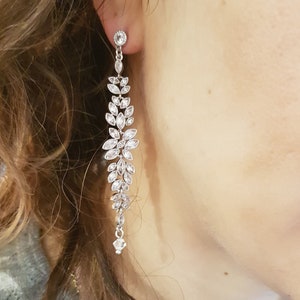 Silver wedding earrings, CZ long earrings, Rhinestone long earrings, Earrings for bridesmaids, Bridal CZ Earrings, Elegant Earrings Silver image 2