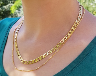 Layered necklace set, Gold Minimalist Chain, Layering Multi-Strands Necklace, 2 Layer Necklace, Curb chain, Thick Gold Chain Necklace