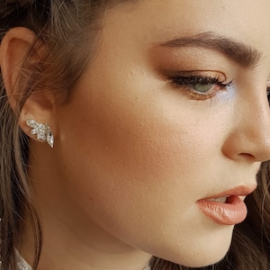 Puede incluir: Primer plano de la cara de una mujer con un maquillaje suave y natural. Sus ojos se resaltan con sombra de ojos y delineador de ojos brillantes, y sus labios son de un color nude suave. Lleva un pequeño pendiente delicado en la oreja izquierda.
