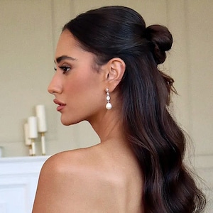 Pearl Drop Earrings, Dainty Zirconia Studs with bomb Pearl Charm, Dangle bridal earrings, Long bride earrings, Perfect Wedding Jewelry