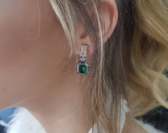 Art Deco earrings, Vintage Crystal earring, Handmade Geometric Emerald Green earrings, Emerald zirconia Earrings, Oxidized silver earrings