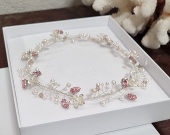 Silver Pink Rhinestone Headband, Light Rose Pink Marquise Crystal Bridal headpiece, Pink crystals Bridal Hair Vine, Pearl Crystal Headpiece
