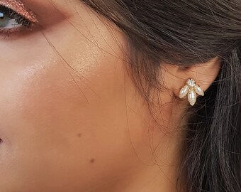 Gold Bridal Earrings, Pearl Bridal Earrings Studs, Gold Bridal Jewelry, Bridal Stud Earrings, CZ and Pearl Earrings, Stud Wedding Earrings