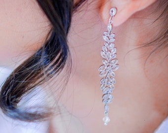 Boho long earrings, Floral long earrings, Zirconia long earrings, Crystals statement earrings , Bridesmaids Earrings, long Bridal earrings